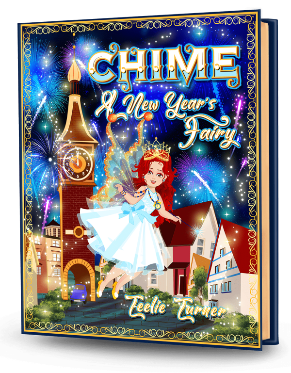 Cover of Chime The New Year's Fairy, a new years fairy adventure ebook featuring a magical fairy celebrating New Year with sparkling fireworks.