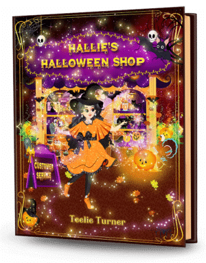 Cover of Hallie’s Halloween Shop, a halloween fairy shop adventure ebook featuring a magical fairy shop filled with Halloween costumes and treats.