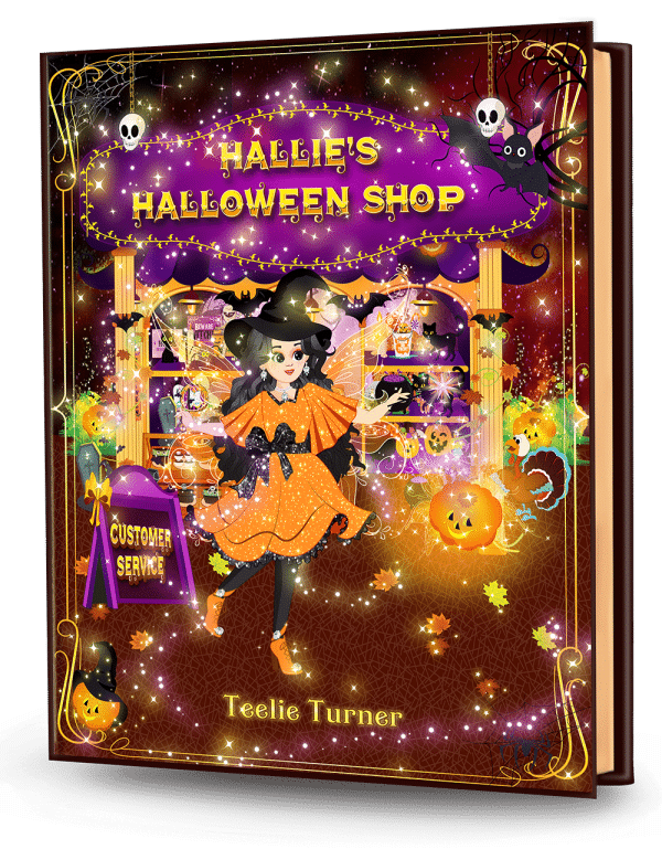 Cover of Hallie’s Halloween Shop, a halloween fairy shop adventure ebook featuring a magical fairy shop filled with Halloween costumes and treats.