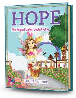 Cover of Hope The Magical Easter Basket Fairy, a easter basket fairy adventure ebook featuring a magical fairy holding a colorful Easter basket with bunny helpers.
