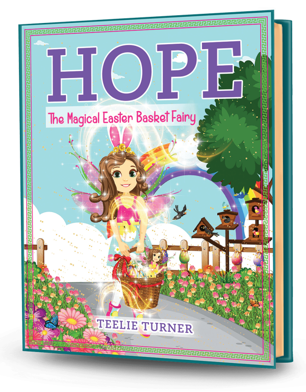 Cover of Hope The Magical Easter Basket Fairy, a easter basket fairy adventure ebook featuring a magical fairy holding a colorful Easter basket with bunny helpers.
