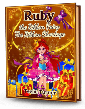Cover of Ruby The Ribbon Fairy - The Ribbon Shortage, a ruby ribbon fairy adventure ebook featuring a magical fairy surrounded by colorful ribbons.