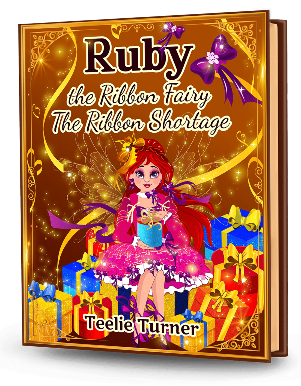 Cover of Ruby The Ribbon Fairy - The Ribbon Shortage, a ruby ribbon fairy adventure ebook featuring a magical fairy surrounded by colorful ribbons.