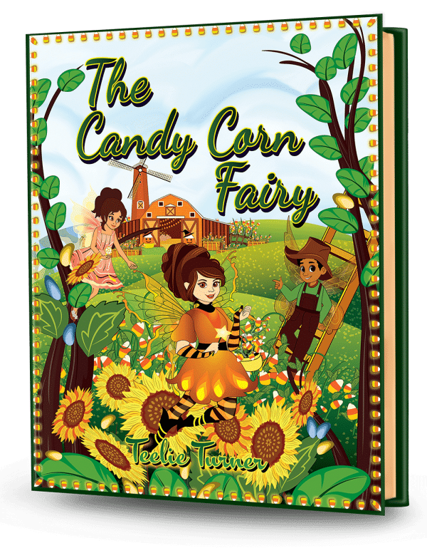 Cover of The Candy Corn Fairy, a candy corn fairy halloween ebook featuring a magical fairy surrounded by colorful candy corn and Halloween sparkle.