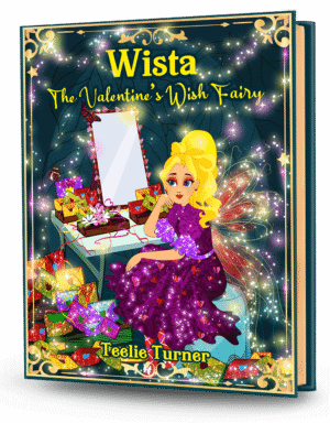 Cover of Wista The Valentine's Wish Fairy, a valentines wish fairy adventure ebook featuring a magical fairy surrounded by hearts and sparkling Valentine magic.