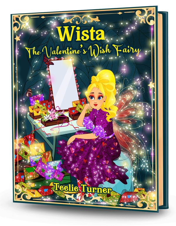 Cover of Wista The Valentine's Wish Fairy, a valentines wish fairy adventure ebook featuring a magical fairy surrounded by hearts and sparkling Valentine magic.