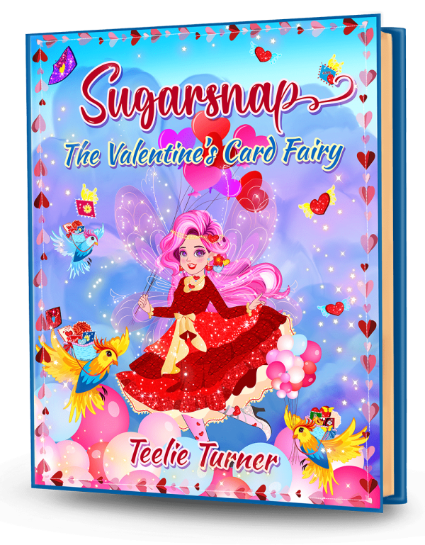 Cover of Sugarsnap The Valentine's Card Fairy, a valentines card fairy adventure ebook featuring a magical fairy delivering colorful Valentine cards.