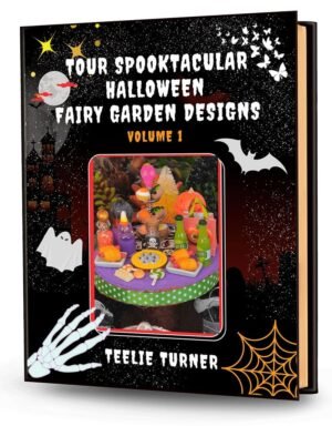 Cover of Tour Spooktacular Halloween Fairy Garden Designs - Volume 1, a halloween fairy garden design ebook featuring spooky miniature fairy gardens with pumpkins.