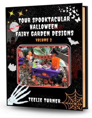 Cover of Tour Spooktacular Halloween Fairy Garden Designs - Volume 2, a halloween fairy garden design ebook featuring spooky miniature fairy gardens with pumpkins and magical details.