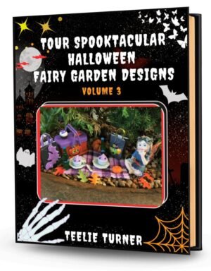 Cover of Tour Spooktacular Halloween Fairy Garden Designs - Volume 3, a halloween fairy garden design ebook featuring spooky miniature fairy gardens with pumpkins and fairy houses.