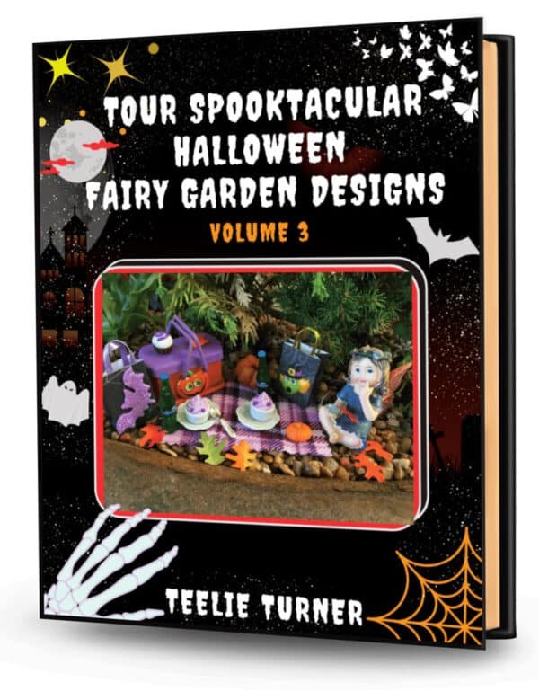 Cover of Tour Spooktacular Halloween Fairy Garden Designs - Volume 3, a halloween fairy garden design ebook featuring spooky miniature fairy gardens with pumpkins and fairy houses.