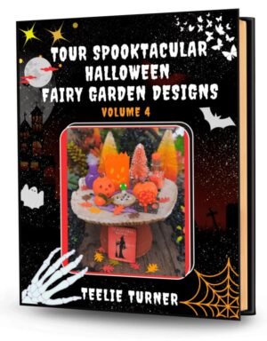 Cover of Tour Spooktacular Halloween Fairy Garden Designs - Volume 4, a halloween fairy garden design ebook featuring spooky miniature fairy gardens with pumpkins and magical fairy houses.