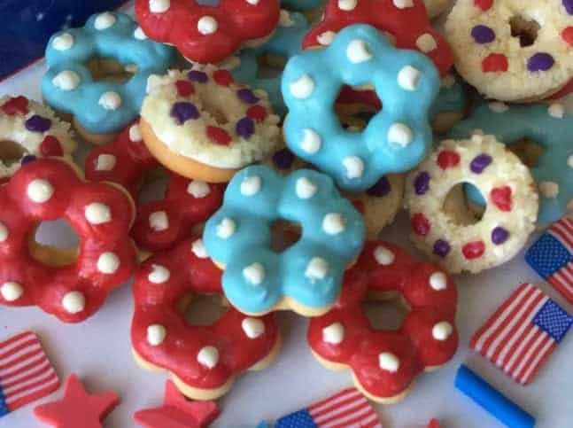 red, white, and blue yummy donuts, miniature, fairy garden, dollhouse, 4th of july