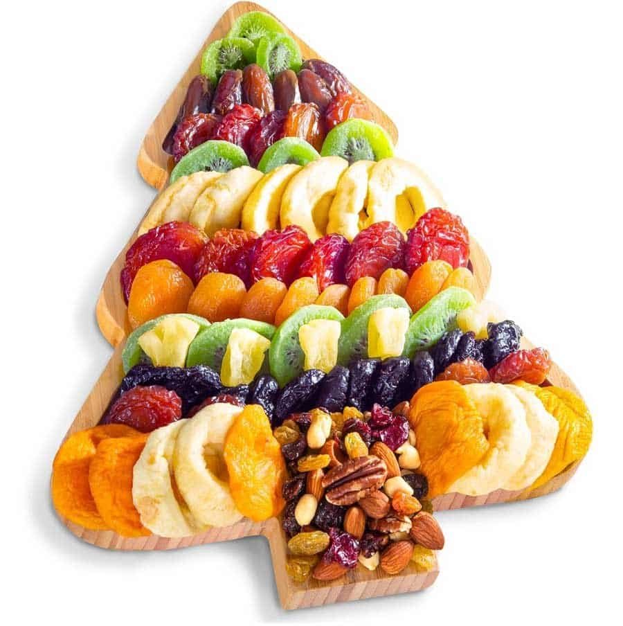 a gift inside season's greetings dried fruit gift on reusable bamboo christmas tree serving tray
