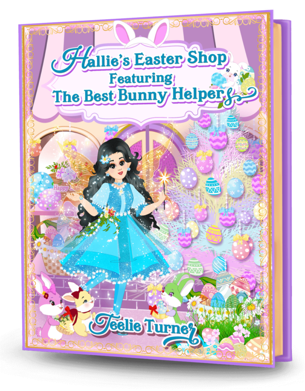 Cover of Hallie's Easter Shop Featuring The Best Bunny Helpers, a easter fairy shop adventure ebook with bunny helpers preparing magical Easter surprises.
