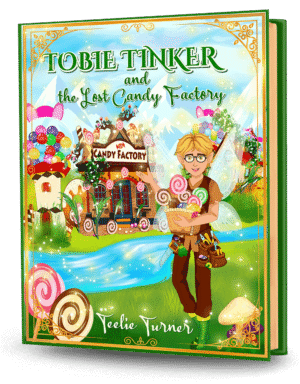 Cover of Tobie Tinker and The Lost Candy Factory, a tobie tinker lost candy factory adventure ebook featuring a magical candy factory and whimsical treats.