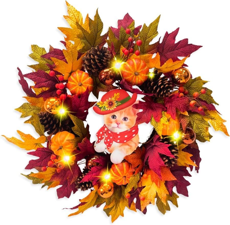 eye catching autumn leaves and cat wreath