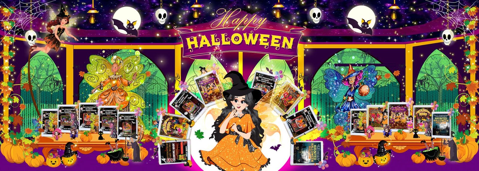 Fairies celebrating Halloween under a moonlit sky in Teelie Turner’s children’s eBook collection