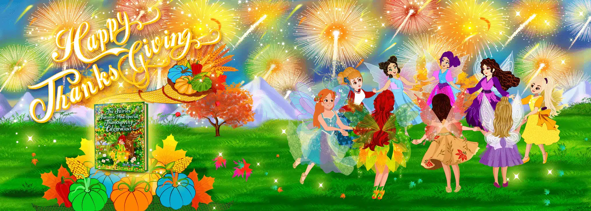 Fairies gathering for a magical Thanksgiving celebration in Teelie Turner’s children’s eBook collection