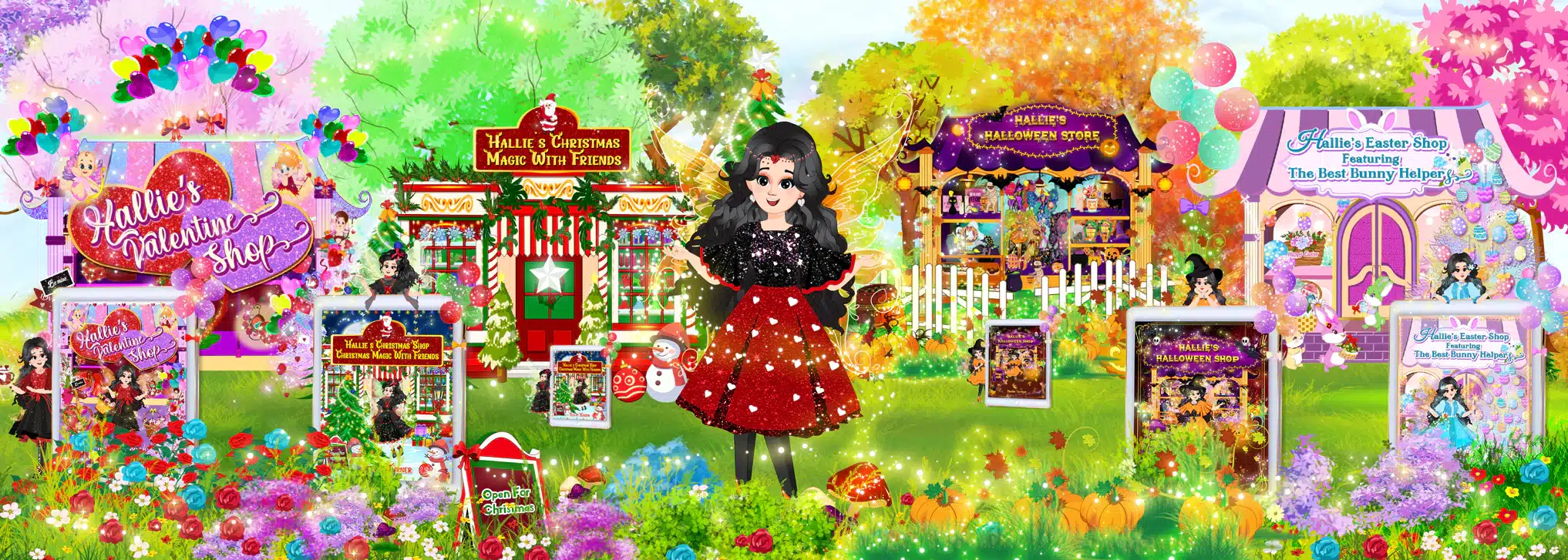 Hallie the Fairy in her magical holiday shop decorated for Halloween, Easter, and Christmas