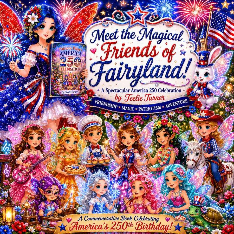 Meet the Magical Friends of Fairyland America 250 Celebration book cover with patriotic fairies, fireworks, and magical fantasy characters.