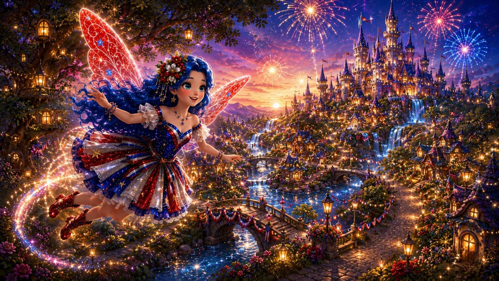 Patriotic Patsy flying over Fairyland for the very first time.