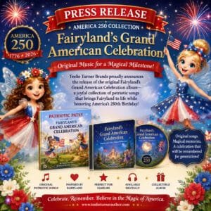 Press release graphic announcing Fairyland's Grand American Celebration America 250 Collection featuring original patriotic music by Teelie Turner Brands, showcasing the Patriotic Patsy book, collectible music album, patriotic fairy characters, fireworks, and a celebration of America's 250th Birthday.