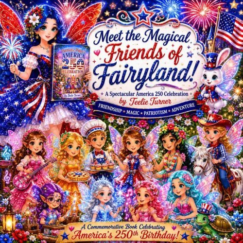 Meet the Magical Friends of Fairyland America 250 Celebration book cover with patriotic fairies, fireworks, and magical fantasy characters.